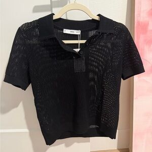 Mango Black Open-Weave Short Sleeve Polo Top